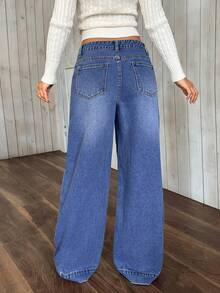 SHEIN PETITE Women's Pocket Button Casual Versatile Commuting Wide-Leg Jeans - Blue - View 2