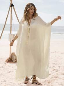 Swim Vcay 新款优雅波西米亚风沙滩罩衫，大码尺码，适合沙滩派对和度假。 - 杏色 - 查看 1