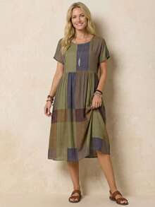 Faunlyn 格紋印花蝙蝠袖娃娃裙