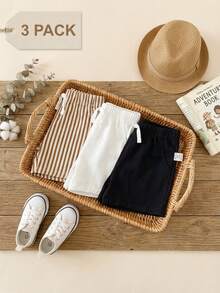 SHEIN Playful Pals 3pcs Baby Boys Toddler Infant Kids Casual Basic Simple Fashion Brown Striped Pattern And White Black Solid Color Elastic Waist Drawstring Pocket Shorts Shorts Bottoms Trousers Soft Clothes For Daily Wear School Park Play Outdoor Summer Spring Baby Summer Shorts Baby Boy Shorts Pack Toddler Boy Clothes For Summer 3 Piece Babyboy Short - Multicolor - View 8