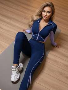 Innovista Women's Contrast Color Patchwork Cropped Top And Leggings Tennis Outfit Women Navy & Lavender Colorblock Contrast-Stitching Sports Set With Breathable Mesh Panels Full Zip Jacket + High-Stretch Leggings With Two-Piece Workout Outfit For Yoga Cycling Running HIIT Cardio CrossFit Outdoor Exercise Daily Athleisure Clean Girl Minimalist Style - Blue - View 1