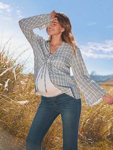 Boho Mama Blue And White Checkered Maternity Blouse, Tie Placket, Bell Sleeves, Suitable For Spring And Autumn Casual Vacations. - Blue - View 7