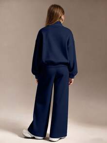 SHEIN 少女四分之一拉链宽松卫衣和宽松运动裤套装，返校季、秋冬季、舒适秋季、圣诞节、可爱休闲日常胶囊衣橱、Y2K街头风，灰色 - 藏蓝色 - 查看 2