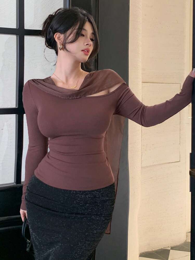 Women's Solid Color Ribbon Design Oblique Shoulder Long Sleeve Fitted Fashion T-Shirt