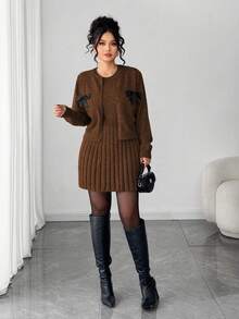 Elenzga Women's Elegant Sleeveless Dress With Long Sleeve Cardigan,Loose Fit Plus Size Knit Sweater Set,Brown Autumn Everyday Back-To-School Outerwear Dress - Coffee Brown - View 1
