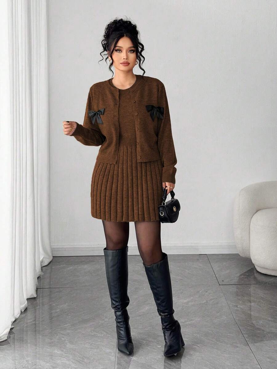 Elenzga Women's Elegant Sleeveless Dress With Long Sleeve Cardigan,Loose Fit Plus Size Knit Sweater Set,Brown Autumn Everyday Back-To-School Outerwear Dress - Coffee Brown - View 1