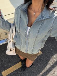 Muchica Women's Autumn/Winter Basic Casual Zipper Denim Jacket, With Pockets, Long Sleeves, Autumn Style - Blue - View 2