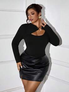 Femmeverse Plus Size Women Casual Loose Knit Bodysuit - Black - View 6