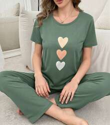 Conjunto de 2 piezas de pantalón y blusa de manga Corta de cuello redondo de unicolor, de punto jacquard, holgado y casual para mujer, ropa de otoño e invierno - Verde - Ver 2