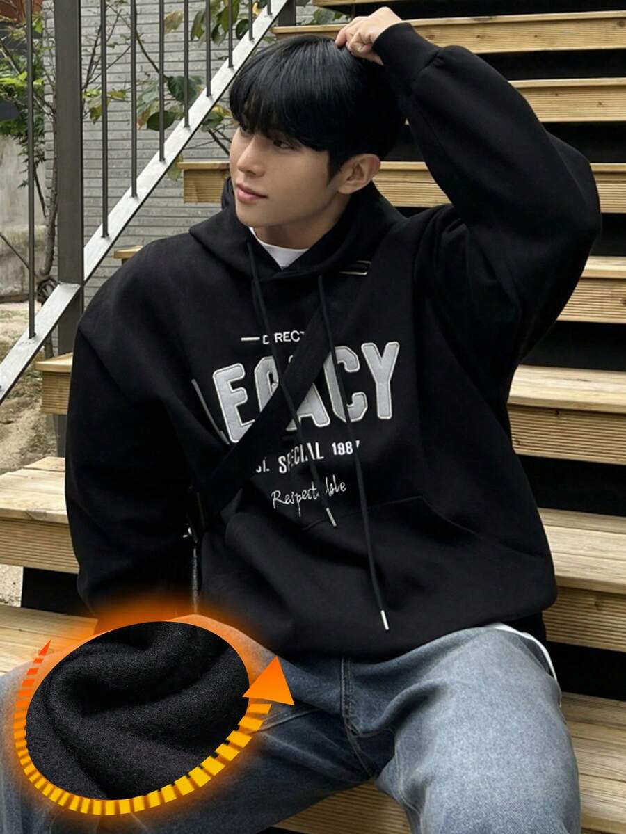 DAZY 男士字母刺绣设计保暖连帽衫，秋冬季 - 黑色 - 查看 1