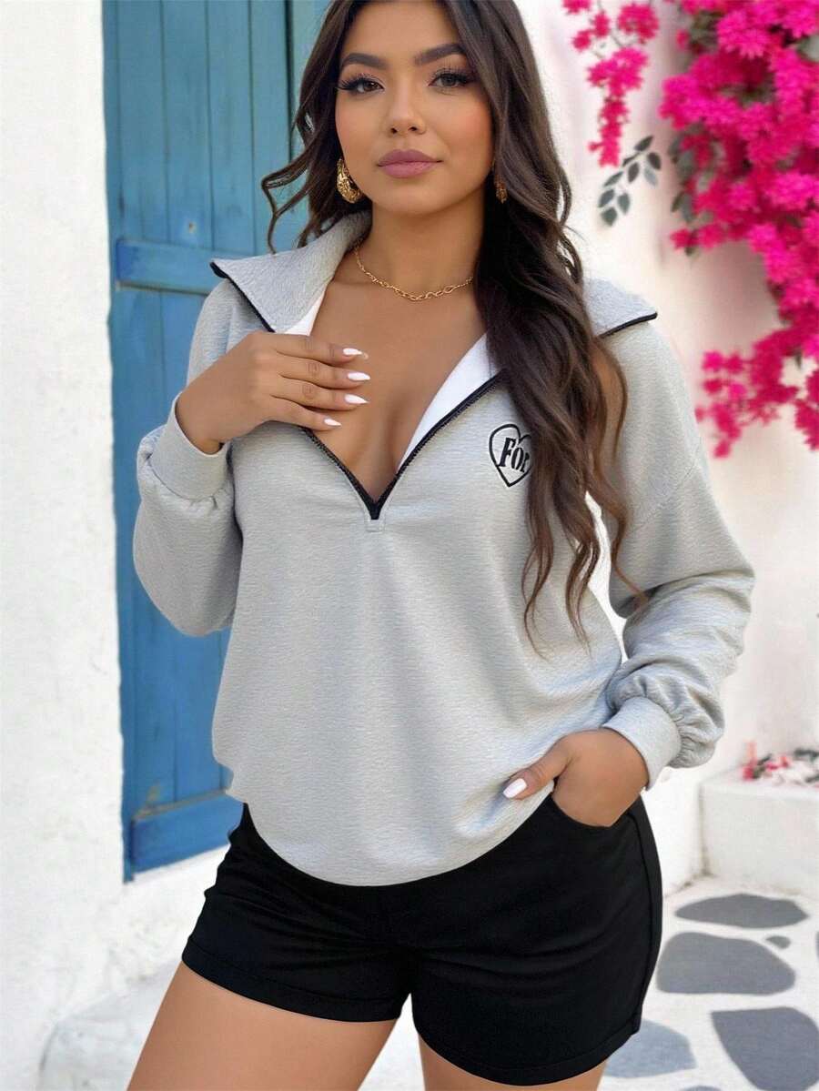 SHEIN LUNE Plus Size Dark Grey Sweatshirt,Autumn Casual Vacation Letter Graphic Front Zip-Up Stand Collar Loose Comfortable Versatile Outdoor Sports Top - Grey - View 1