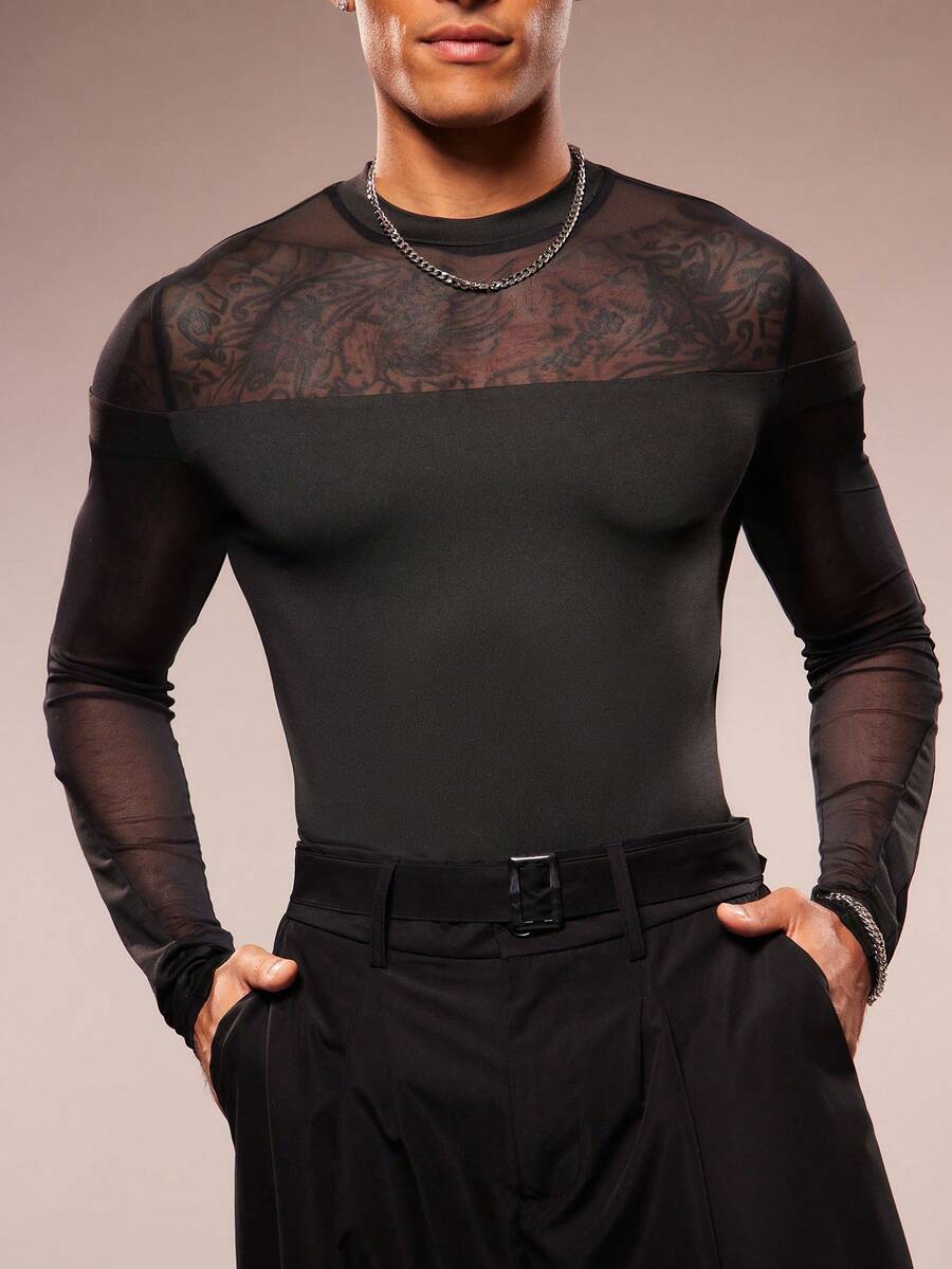 FeverCity 男士性感不对称网纱拼接连体衣 - 黑色 - 查看 1