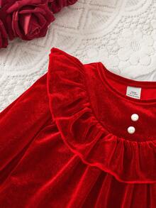 SHEIN Elegant Velvet Green Ruffle Trim Long Sleeve Dress Valentine's Day - Red - View 7