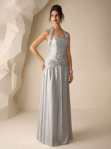 Coutiva 女士闪亮褶皱腰部露背水钻装饰正式长款晚礼服 - 銀色 - 查看 4