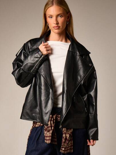 AiiRZ Oversized Faux Leather Moto Jacket With Asymmetrical Zip Closure And Lapel Collar For Fall Winter Outerwear