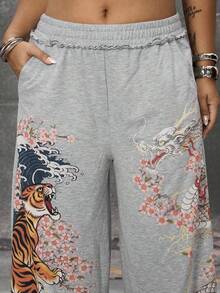 ROMWE Avant 加大码新款中国风虎龙元素印花宽松街头运动裤 - 灰色 - 查看 7