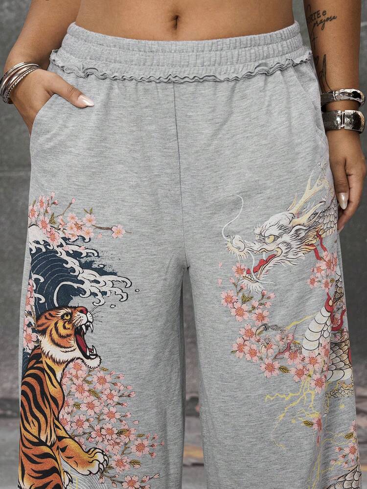 ROMWE Avant Pantalones de chándal holgados de talla grande con estampado de elementos de tigre y dragón al estilo chino - Gris - Añade 7