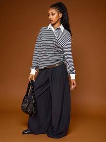 COUREZ Áo Polo Rugby tay dài bất đối xứng kẻ sọc / Phong cách Y2K Thu Đông màu xám dành cho nữ, kiểu dáng đường phố, thoải mái, thể thao, thường ngày, cài nút. - Nhiều màu - Xem 2