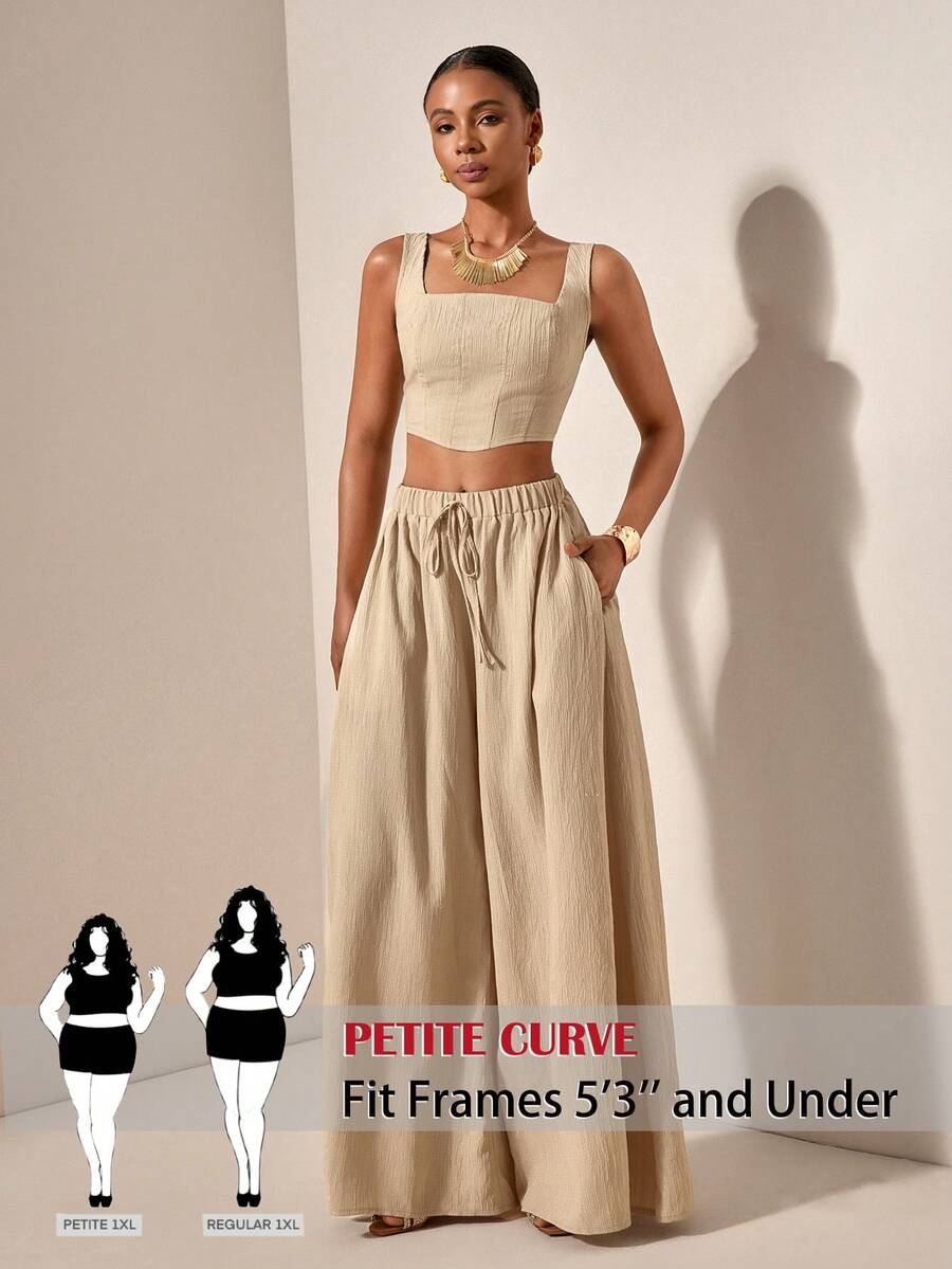 SHEIN PETITE CURVE Conjunto casual de 2 piezas de top corto de cuello cuadrado de unicolor y pantalones anchos de pierna ancha con cintura de lazo para mujer de talla grande - Albaricoque - Ver 1