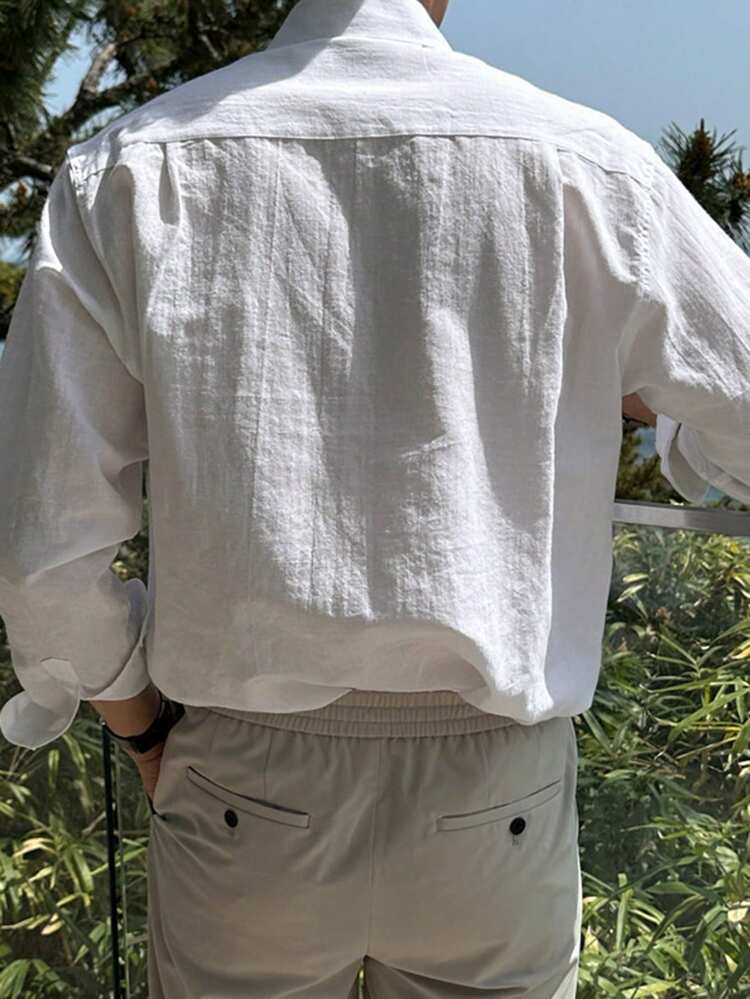 Men's Linen-Feel Washed Bamboo Fiber Solid White Casual Shirt, Spring/Autumn