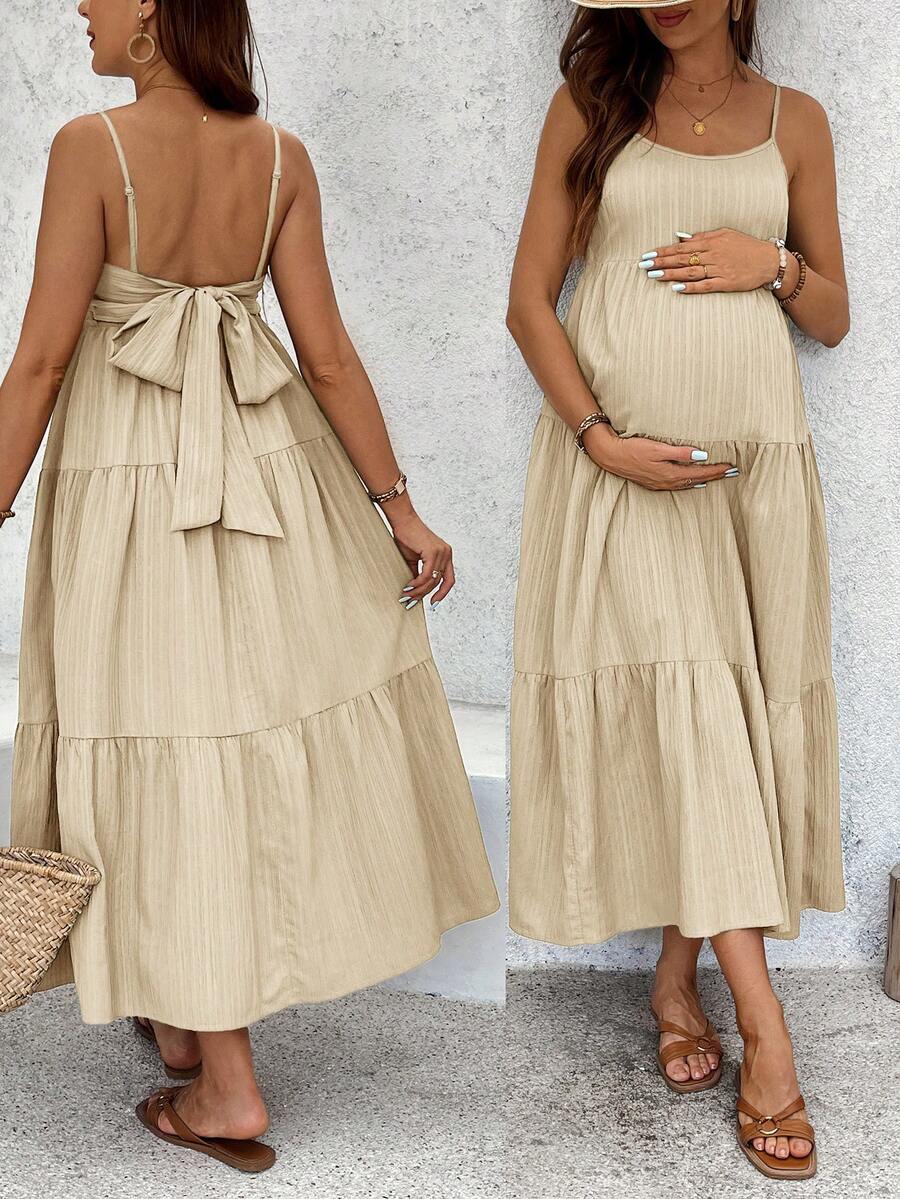 SHEIN Maternity Vacation Solid Color Ruffle Hem Backless Tie Strap Dress - Apricot - View 1