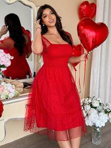 Vionelle Plus Size Red Polka Dot Mesh Overlay Midi Dress,Cute Summer Satin Party Dress For Valentine's Day - Red - View 1
