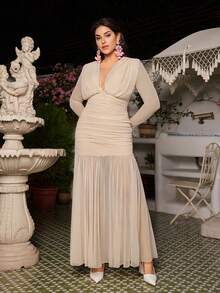 VOLUPTÉ CURVE Plus Size Spring And Summer Ivory V-Neck Long Sleeve Ruched Mesh Floor-Length Dress For Formal Occasions, Parties, Going Out, Graduation, Birthdays - Apricot - View 2