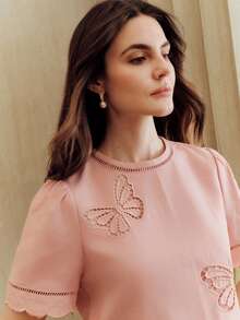 Anewsta Women's New Arrival Pink Short Sleeve Elegant Luxurious Butterfly Embroidered T-Shirt - Pink - View 7