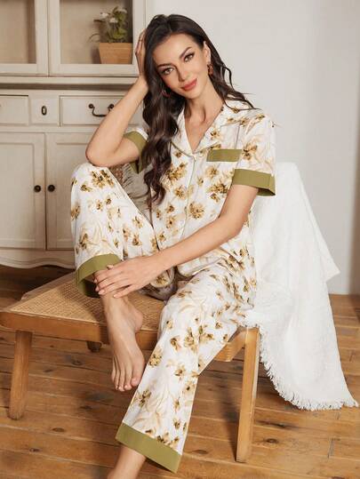 SHEIN Women's Plant Print Patchwork Pocket Short Sleeve Pajama Set, Spring/Summer