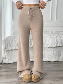 Xyvia Women's Loose Drawstring Sweatpants, Ribbed Knit Casual Home Pants With Thermal Lining, Autumn/Winter - Khaki - View 8