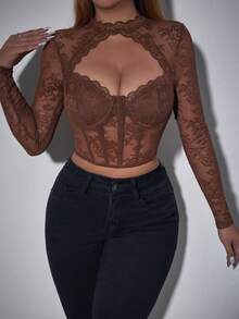 Glamine Women Floral Lace Cutout Long Sleeve Cropped Fitted Fashion Blouse Fall Cloth For Women - Brown - View 6