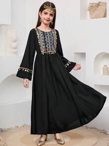 SHEIN 少女可爱、优雅、迷人的圆领泡泡袖亮片不对称开衩连衣裙 - 黑色 - 查看 3