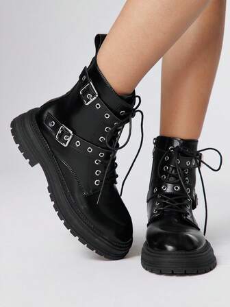 Botas de tobillo con hebilla y suela gruesa, versátiles y de moda para el uso diario de las mujeres