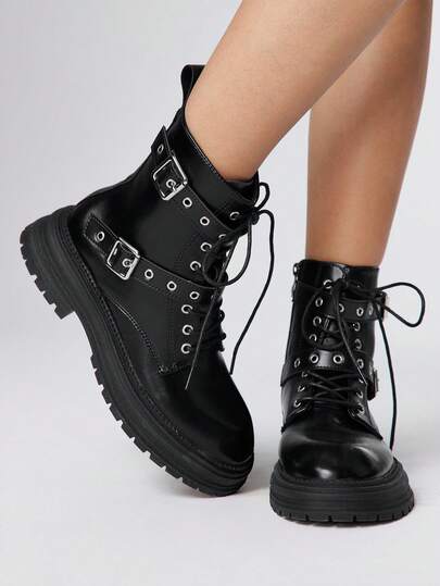 Modische und vielseitige Damen Ankle Boots mit dicker Sohle und Schnalle