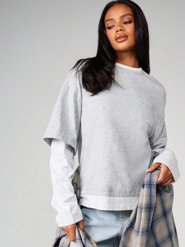 MISSGUIDED 二重レイヤー オーバーサイズ ロングスリーブ クルーネック Tシャツ コントラストスリーブ カジュアル ストリートウェア