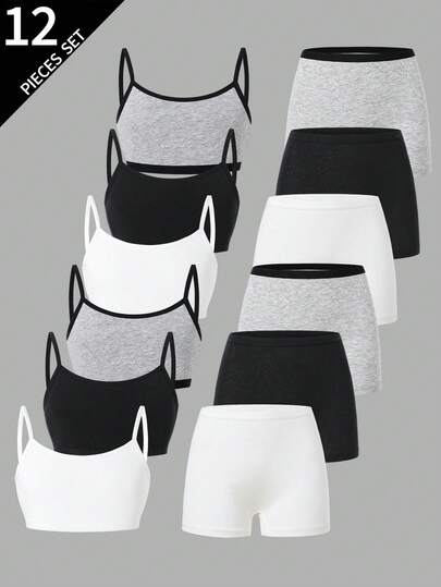 Sparklyn 6pcs Girls' Solid Color Simple Camisole Bra And Briefs Underwear Set