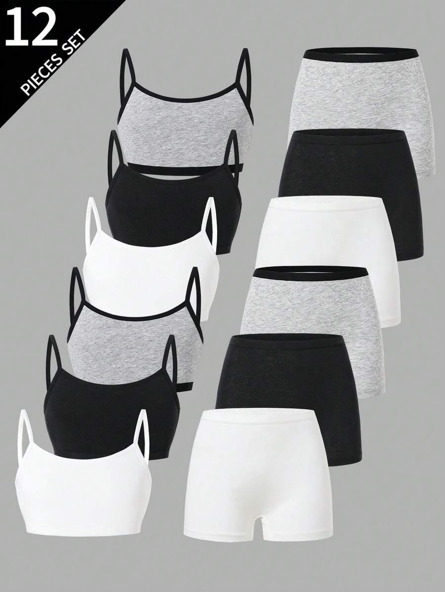 Sparklyn 6pcs Girls' Solid Color Simple Camisole Bra And Briefs Underwear Set - Multicolor - View 1