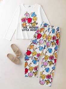 Mr Men Little Miss X SHEIN Conjunto de pijama de top de manga larga con cuello redondo y pantalones con estampado de letras y dibujos animados - Multicolor - Ver 5