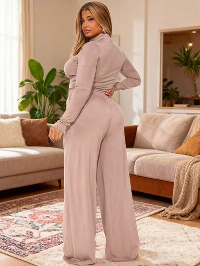 Rhythm Era 2pcs Plus Size Athleisure Set, Linen Color Long Sleeve Top And Pants, Seamless Knit Stretchy Soft Comfortable Casual Sportswear