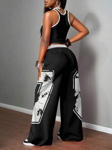 Slaydiva 两件套女士休闲街头风紧身吊带背心和宽松长裤套装，适合街头穿着 - 黑色 - 查看 4