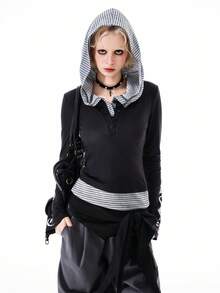 Bloopia 女士哥特风印花修身长袖连帽针织上衣，时尚百搭，适合秋季穿着 - 黑色 - 查看 4