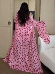 Flirla Bộ đồ 2 món tay loe họa tiết trái tim + lưới phối ren cỡ lớn thời trang thu đông màu hồng thanh lịch cổ điển dễ thương gợi cảm dành cho nữ - Hồng - Xem 2