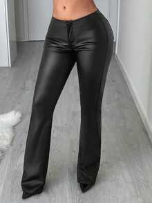 Jeanoix 女士Y2K超低腰时尚性感涂层直筒裤 - 黑色 - 查看 3