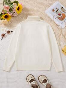 Girls' Turtleneck Mid-Length Solid White Sweater Dress, Comfortable Classic Versatile Style, Suitable For Autumn/Winter - Beige - View 2