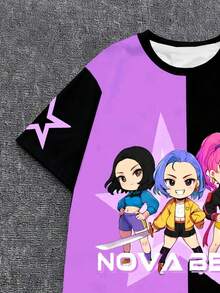 Sparklyn 1 Áo thun tay ngắn họa tiết cô gái Kpop dễ thương và sành điệu màu đen và tím, dáng rộng, phù hợp với mọi mùa - Xuân, Hạ, Thu, Đông, Món quà Giáng sinh tuyệt vời cho các bé gái tuổi mới lớn - màu đen - Xem 4