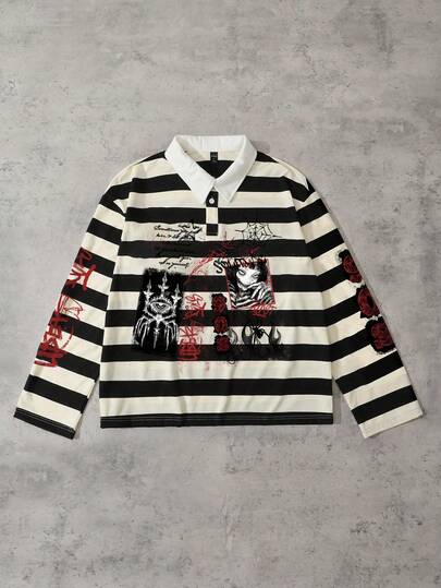 Street Life Herren gestreiftes Langarm Polo Shirt mit Buchstaben-Muster, lässig und locker geschnitten