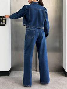 SHEIN Damset med casual jeansjacka och -jeans för vår och höst - Mediumtvätt - Visa 2