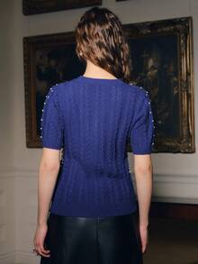 Anewsta 女士优雅短袖串珠针织衫，适合夏季、秋季穿着，优雅别致，新年休闲又不失奢华感。 - 藏蓝色 - 查看 3