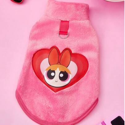 THE POWERPUFF GIRLS X PETSIN 1 Áo khoác không tay thêu hình cô gái mắt to yêu mèo cưng chó phổ thông ấm áp và thoải mái có khóa kéo màu đỏ hồng, áo khoác lông dày mùa thu đông