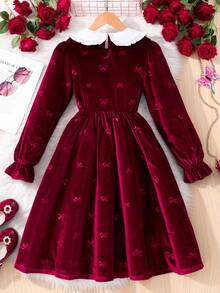 SHEIN Tween Girl' Velvet Dress,Burgundy,Autumn,Elegant,Party Wear With Embroidered Color-Block Collar Applique,Fashionable Holiday Autumn/Winter Clothing - Red - View 2